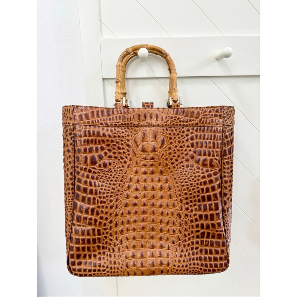 Eric Brand Brown Alligator Embossed Large Travel Tote Work Bag Bamboo Handle‎